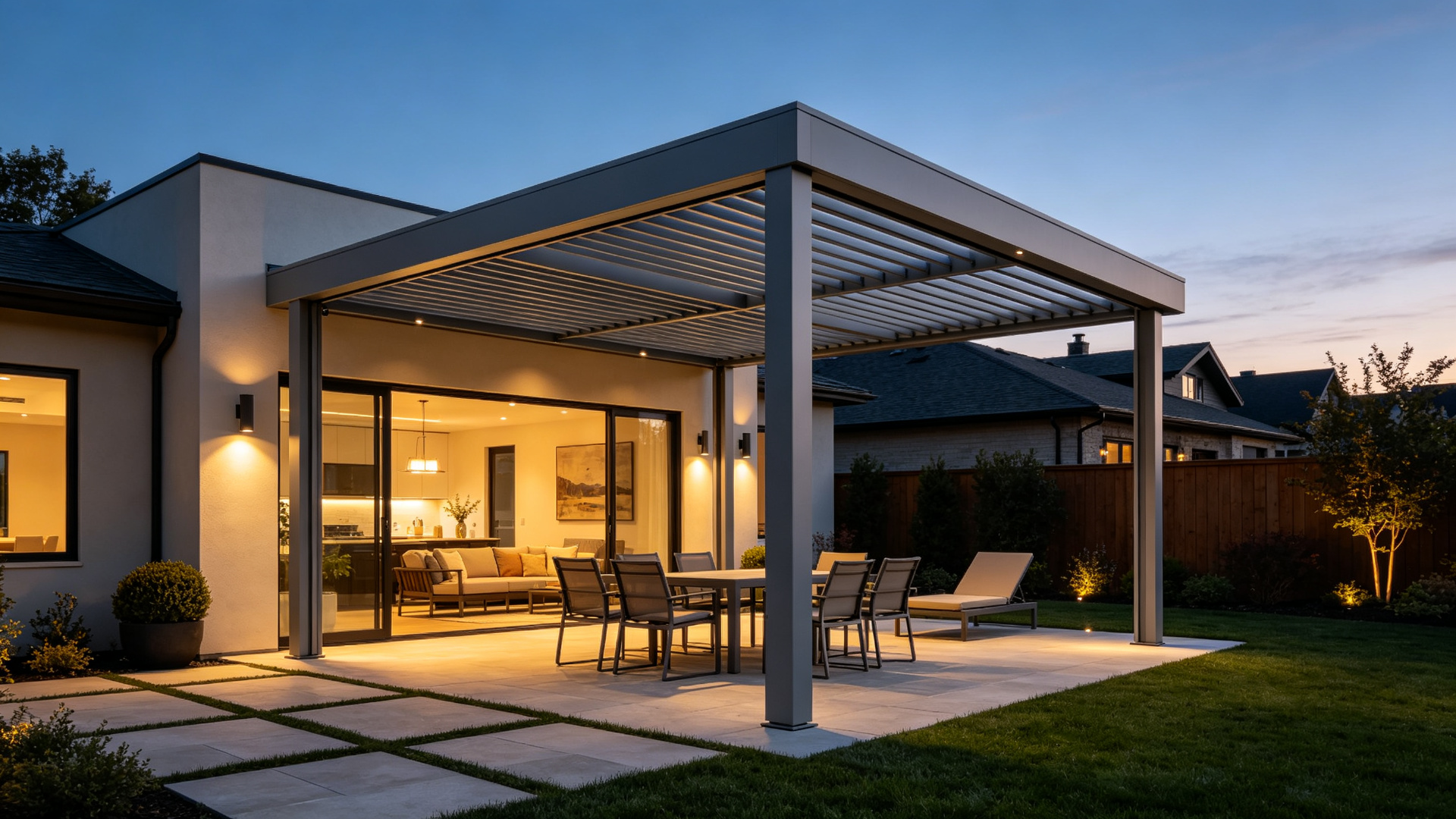 Motorized aluminum louver pergola in a modern backyard at dusk