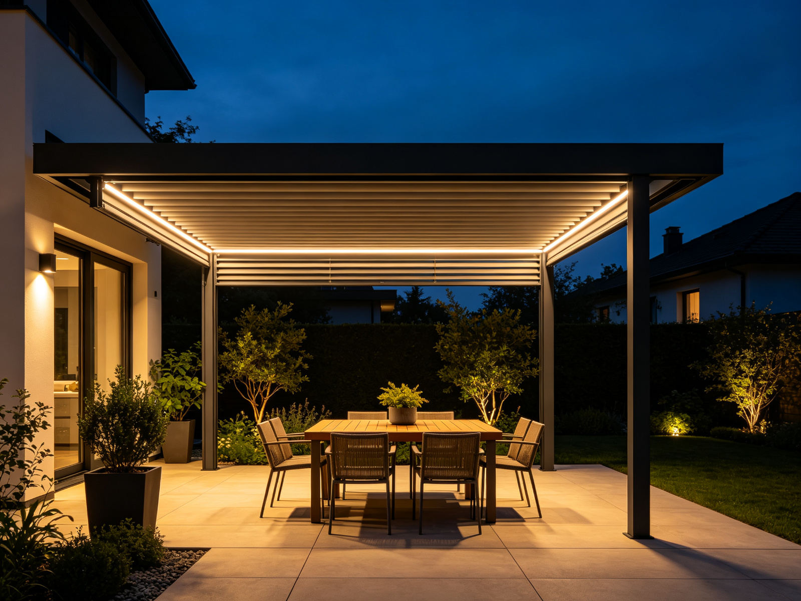 Pergola with LED lighting in a garden at night