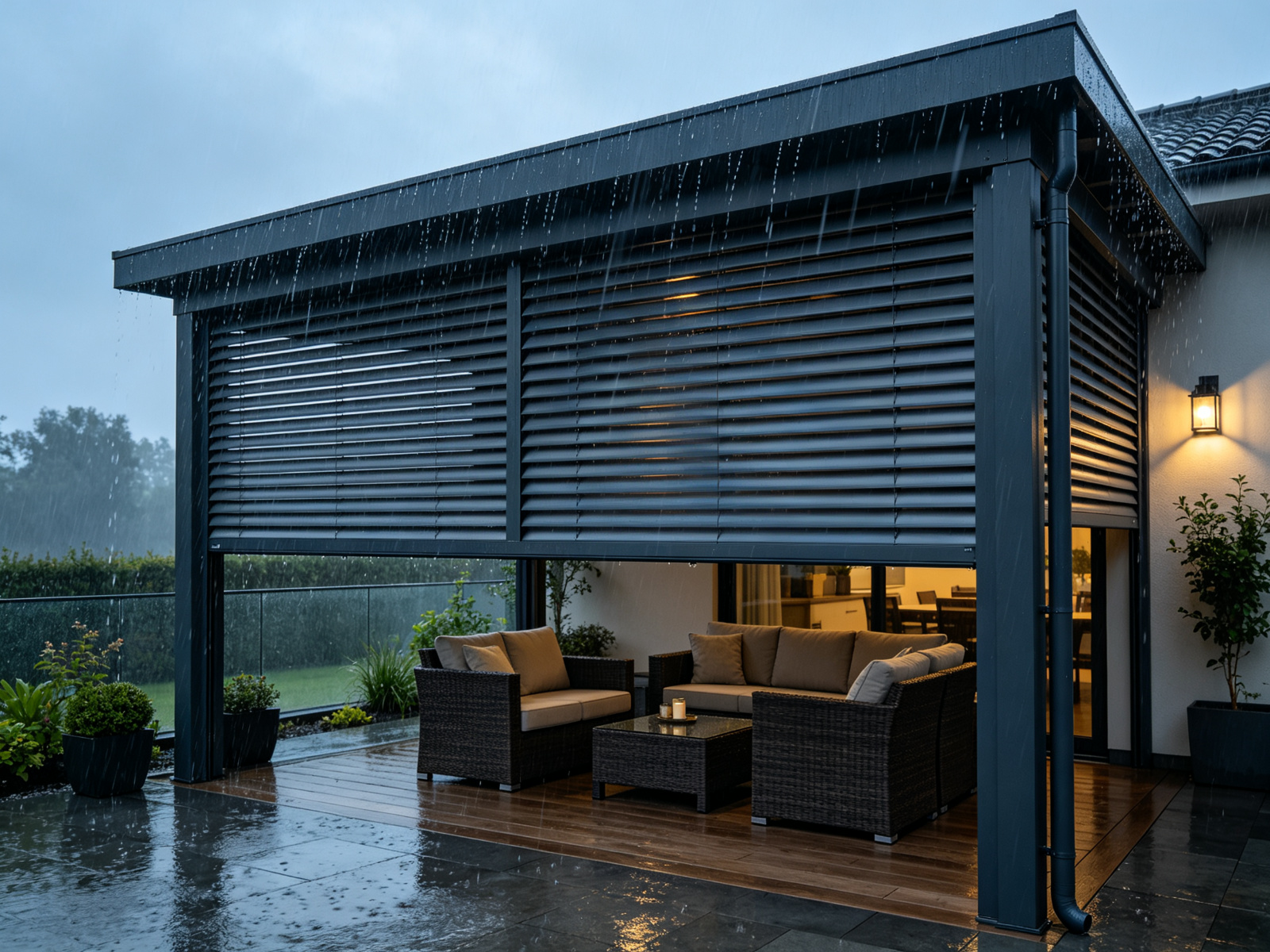 Pergola with louvers closed in the rain